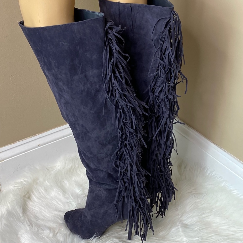 Viva Navy Grey Suede Fringe Boots